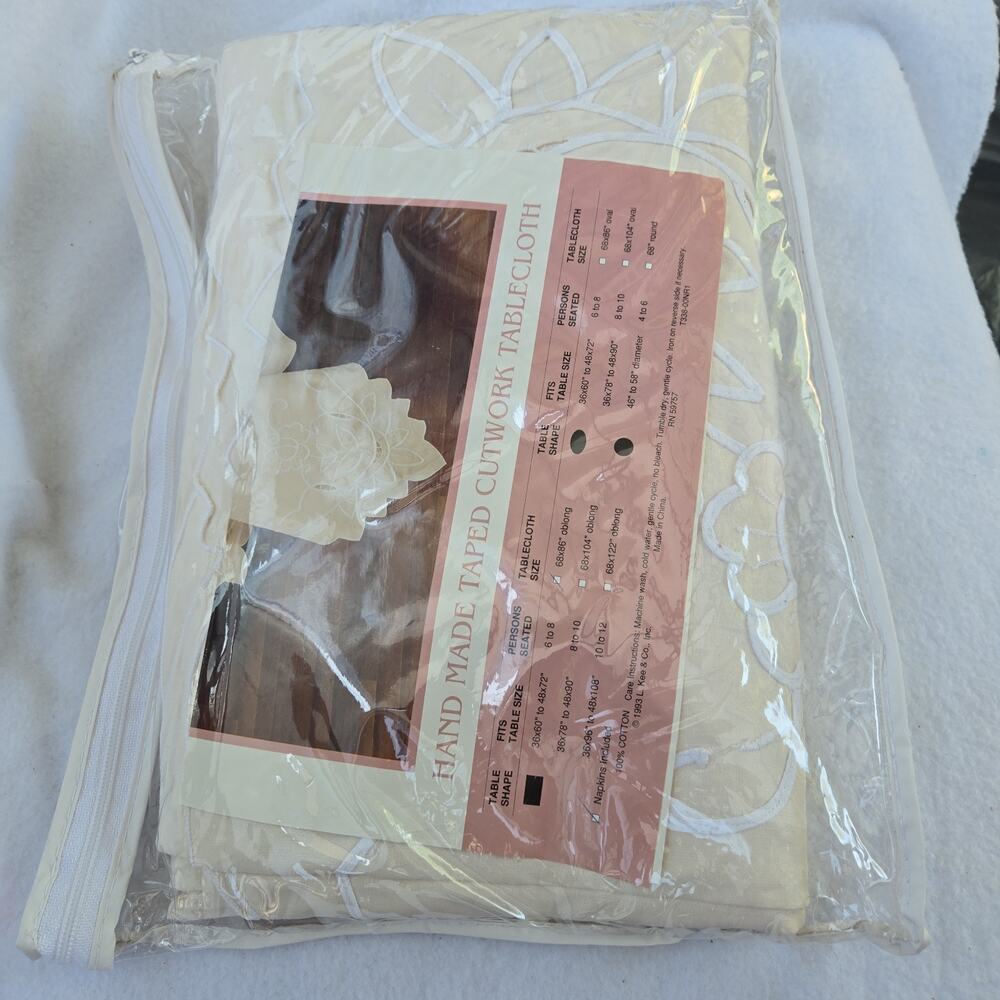 Handmade Taped Cutwork Tablecloth 68x86" oblong Napkins Included 100% Cotton